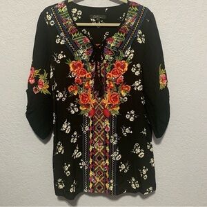 Caleoos Boho Embroidered Pullover Tassel Tie Mixed Print Top